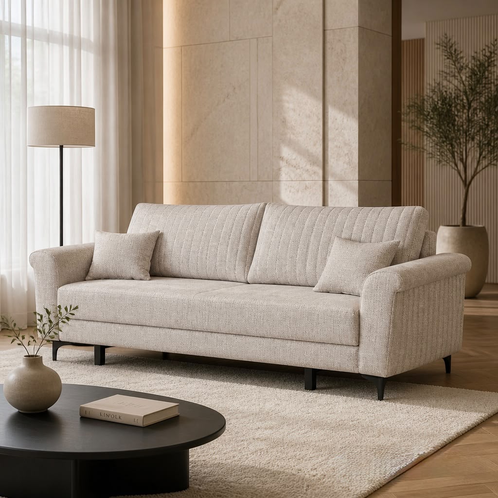 Divan i çelët në një dhomë ndenjeje me dizajn modern